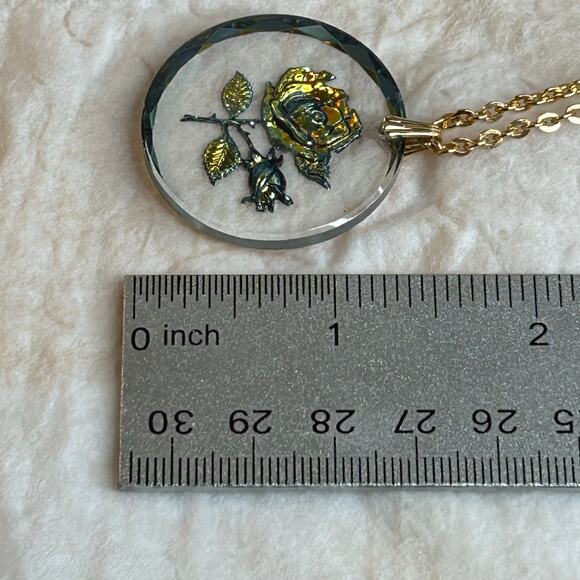 Vintage Germany Glass Reverse Carved Iridescent Rose Round Pendant Necklace - Picture 8 of 10